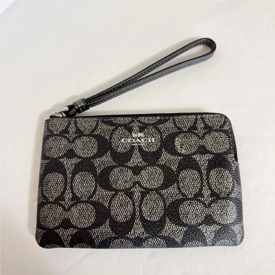 Leather Corner Zip Wristlet in Signature cr813/CN755/CZ452 CW964/gunmetal multi by Coach