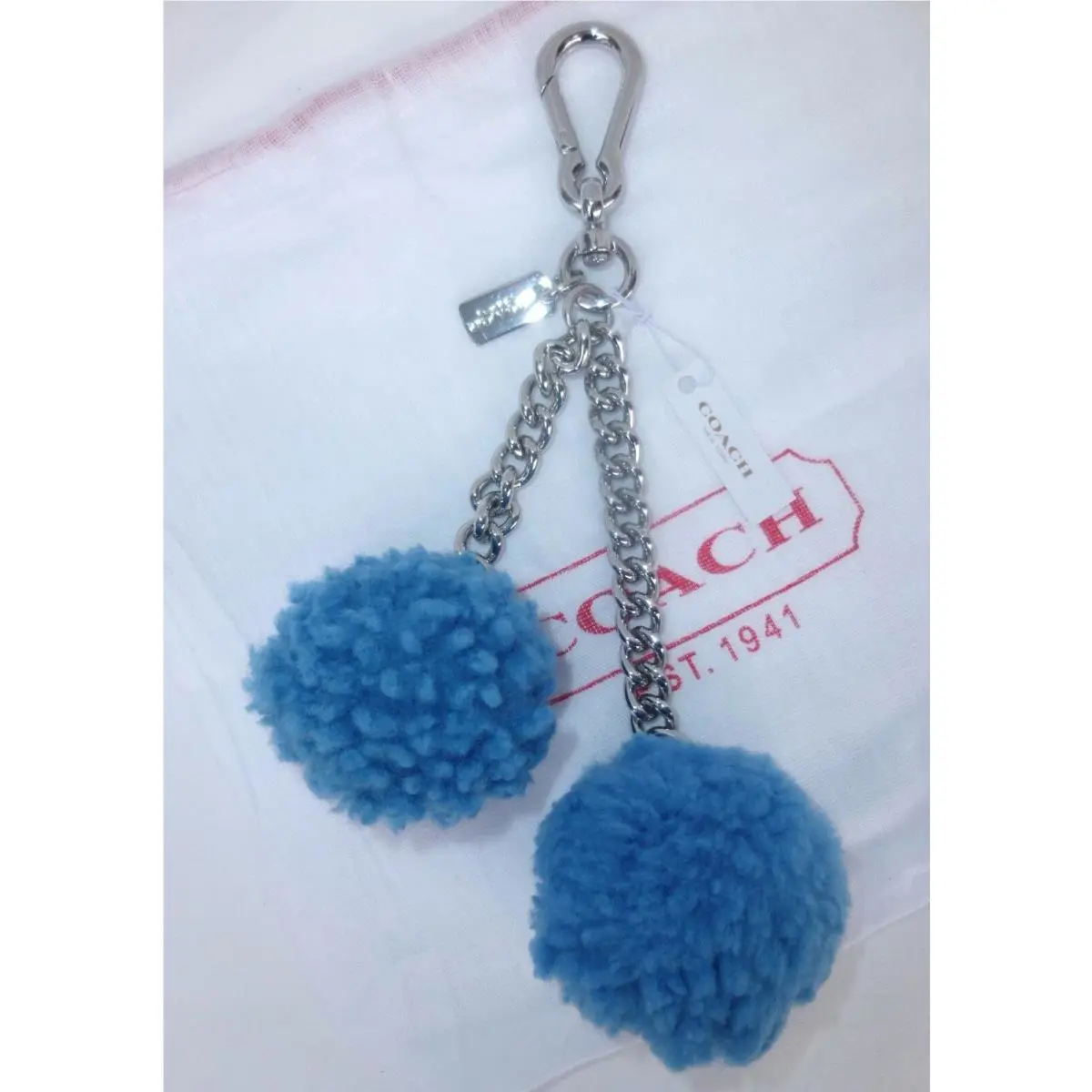 Shearling Pom Pom Bag Charm Key Chains 64172 + Dust Bag Peacock (Blue) by Coach