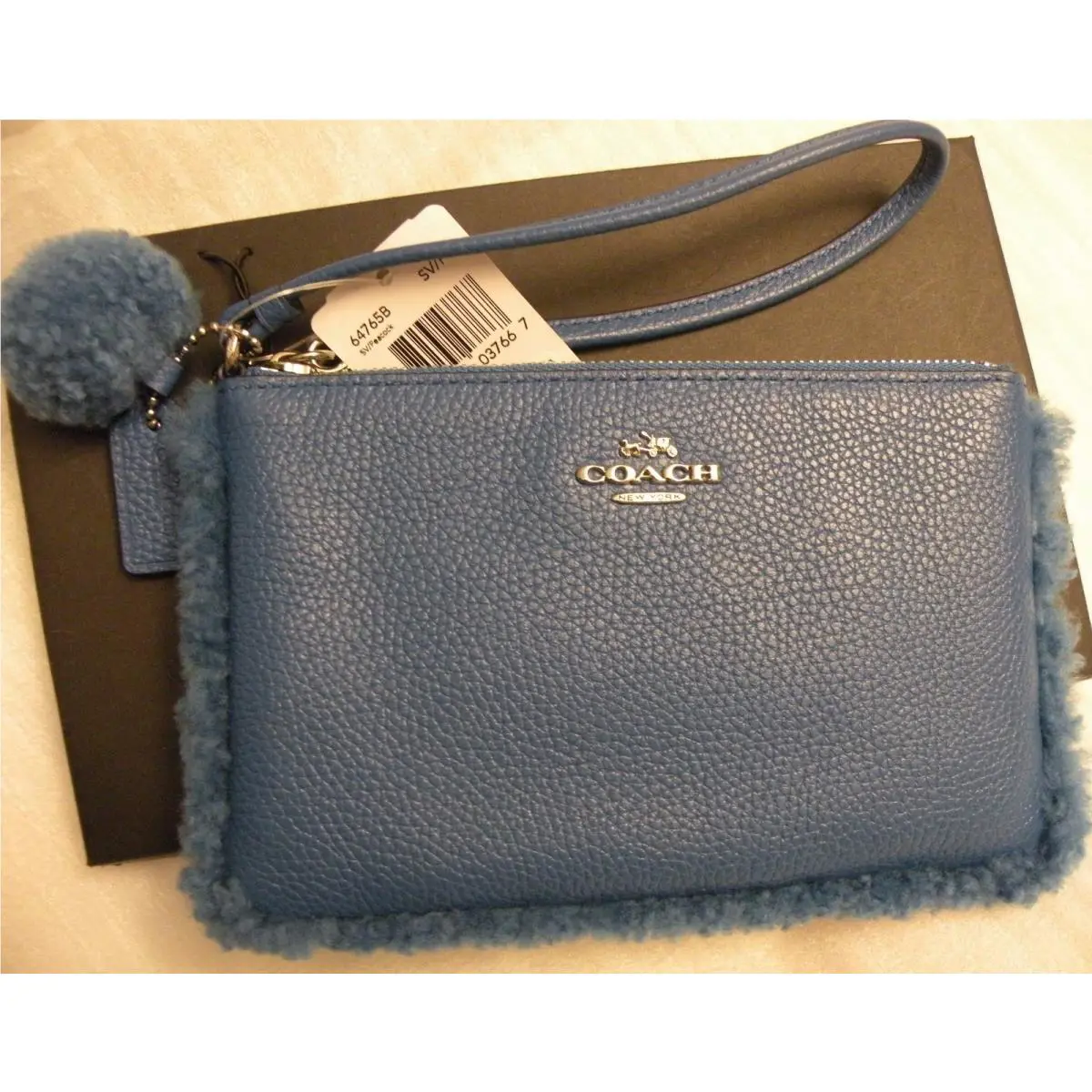64765 Shearling Corner Zip Wristlet Wallet Peacock Silver by Coach