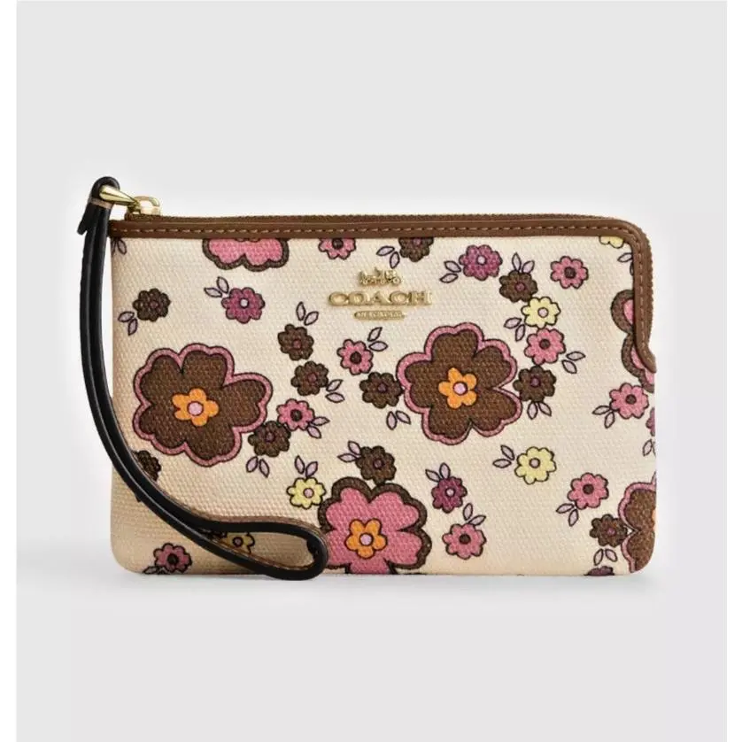 Women`s Small Corner Zip Wristlet Pouch Wallet Purse Floral Print - Chestnut - CEF85 by Coach