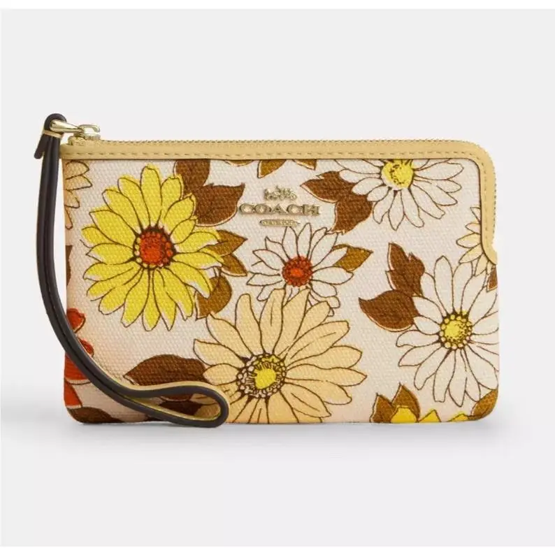 Women`s Small Corner Zip Wristlet Pouch Wallet Purse Floral Print - Vanilla Sunflower - CEF83 by Coach