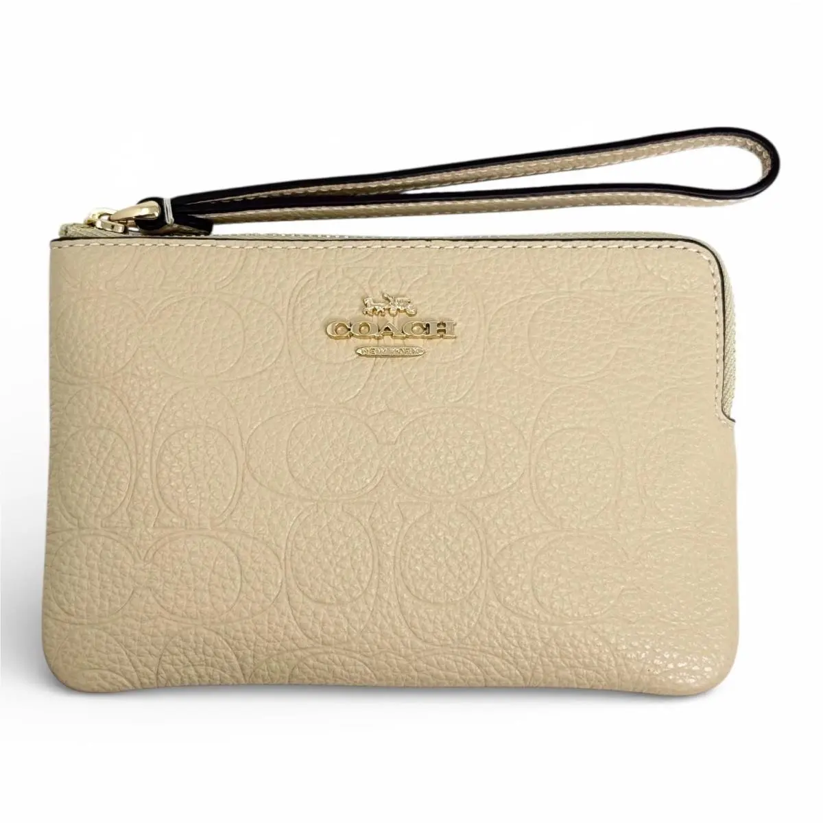 Women`s Small Corner Zip Wristlet Pouch Wallet Purse Pebble Leather - Oat - CCJ73 by Coach