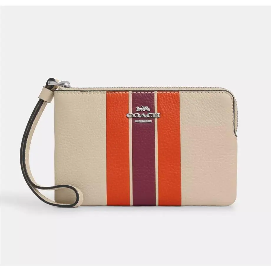 Women`s Small Corner Zip Wristlet Pouch Wallet Purse Pebble Leather With Stripe - CAQ77 by Coach