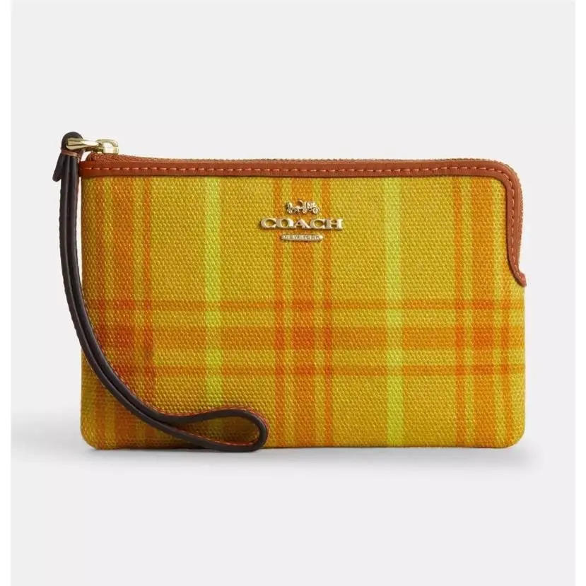 Women`s Small Corner Zip Wristlet Pouch Wallet Purse Plaid Print - Burnished Amber - CEF87 by Coach