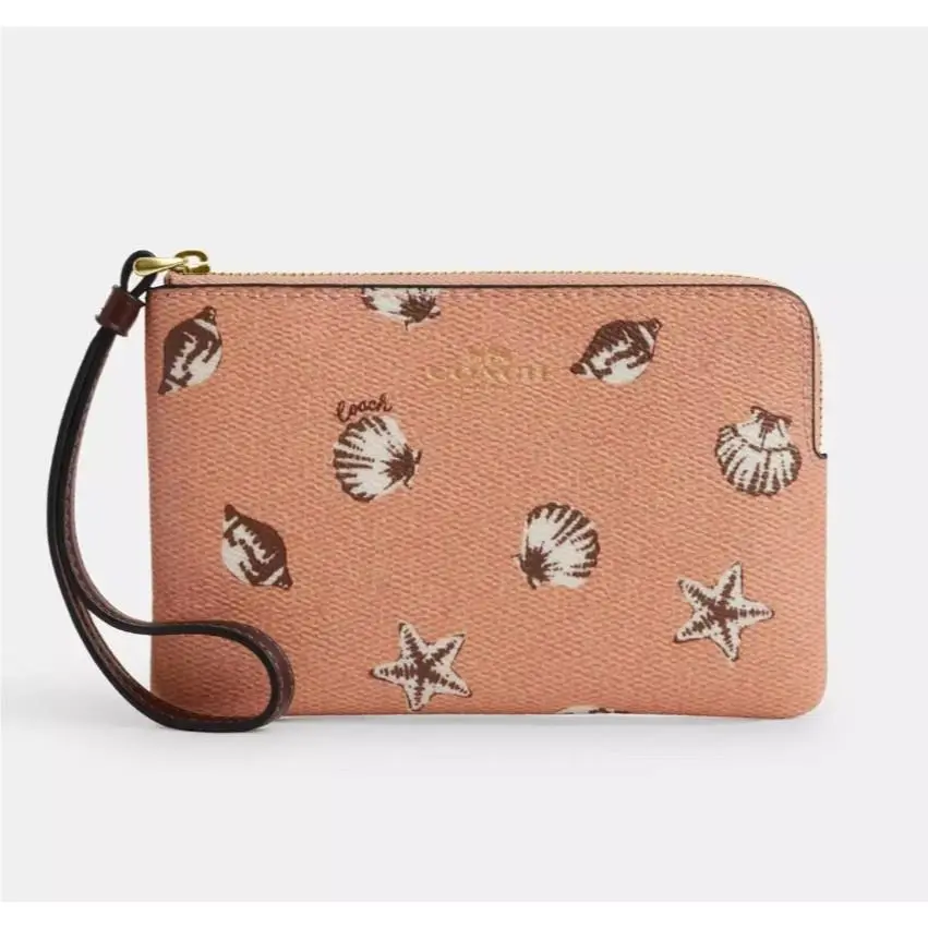 Women`s Small Corner Zip Wristlet Pouch Wallet Purse Shell Print - Coral / Maple - CBP23 by Coach