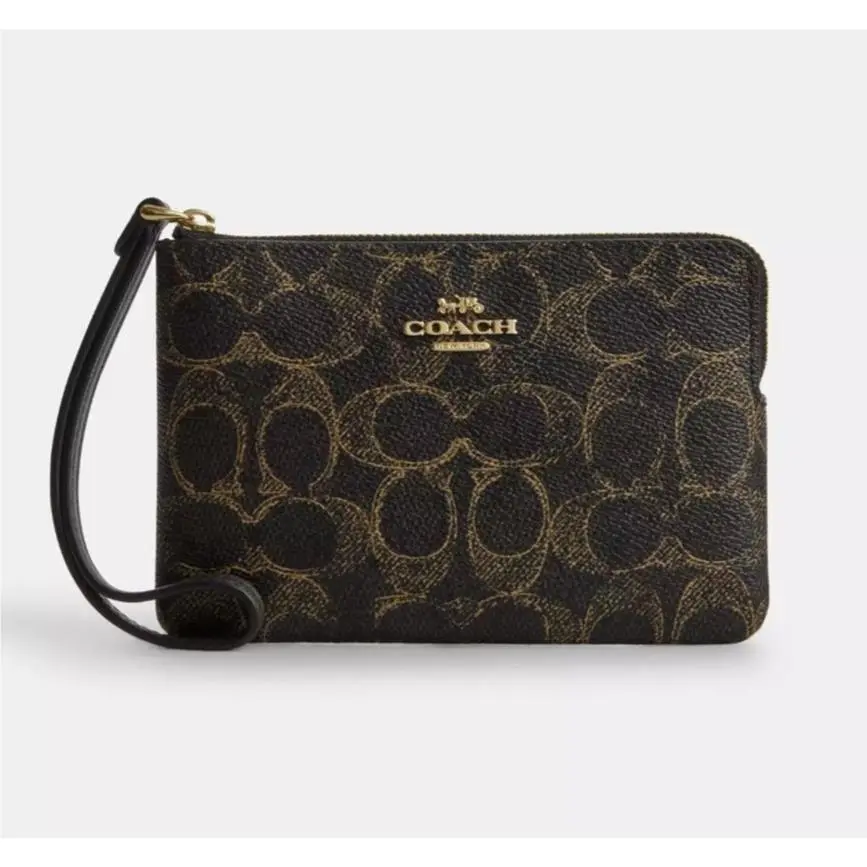 Women`s Small Corner Zip Wristlet Pouch Wallet Purse Signature Canvas - Brown - CEF78 by Coach