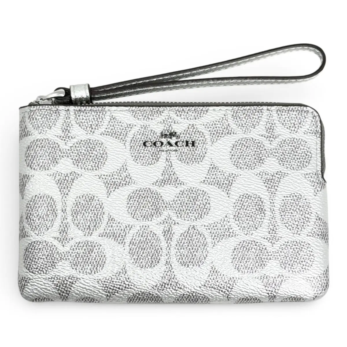Women`s Small Corner Zip Wristlet Pouch Wallet Purse Signature Canvas - Gray/Silver - CCK71 by Coach