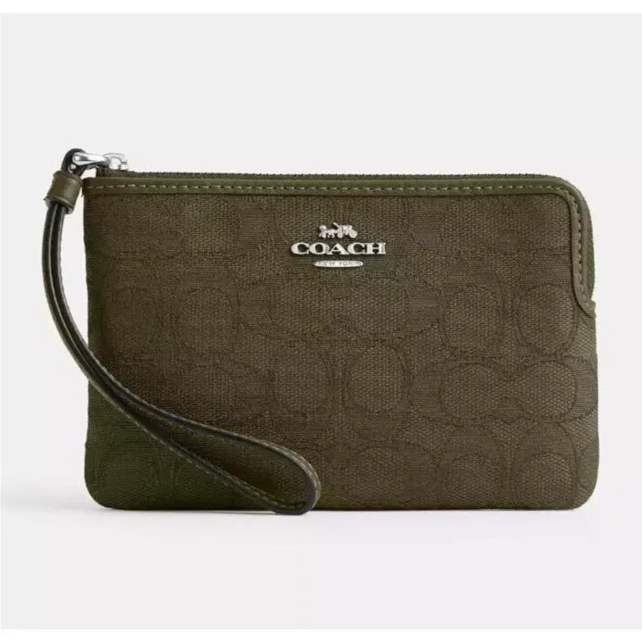 Women`s Small Corner Zip Wristlet Pouch Wallet Purse Signature Jacquard - Olive Drab - CW862 by Coach