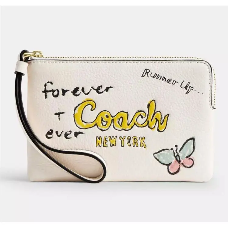 Women`s Small Corner Zip Wristlet Pouch Wallet Purse Sketch Print - Chalk Multi - CAQ54 by Coach