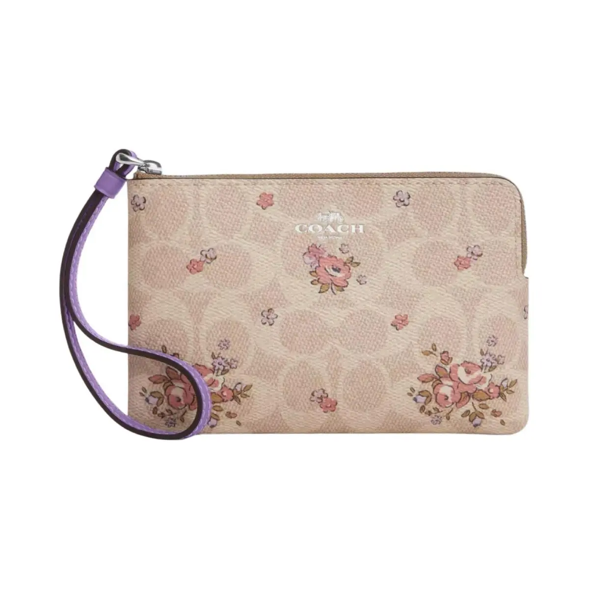 Women`s Small Corner Zip Wristlet Pouch Wallet Purse Floral Print - Sand Multi - CAQ59 by Coach