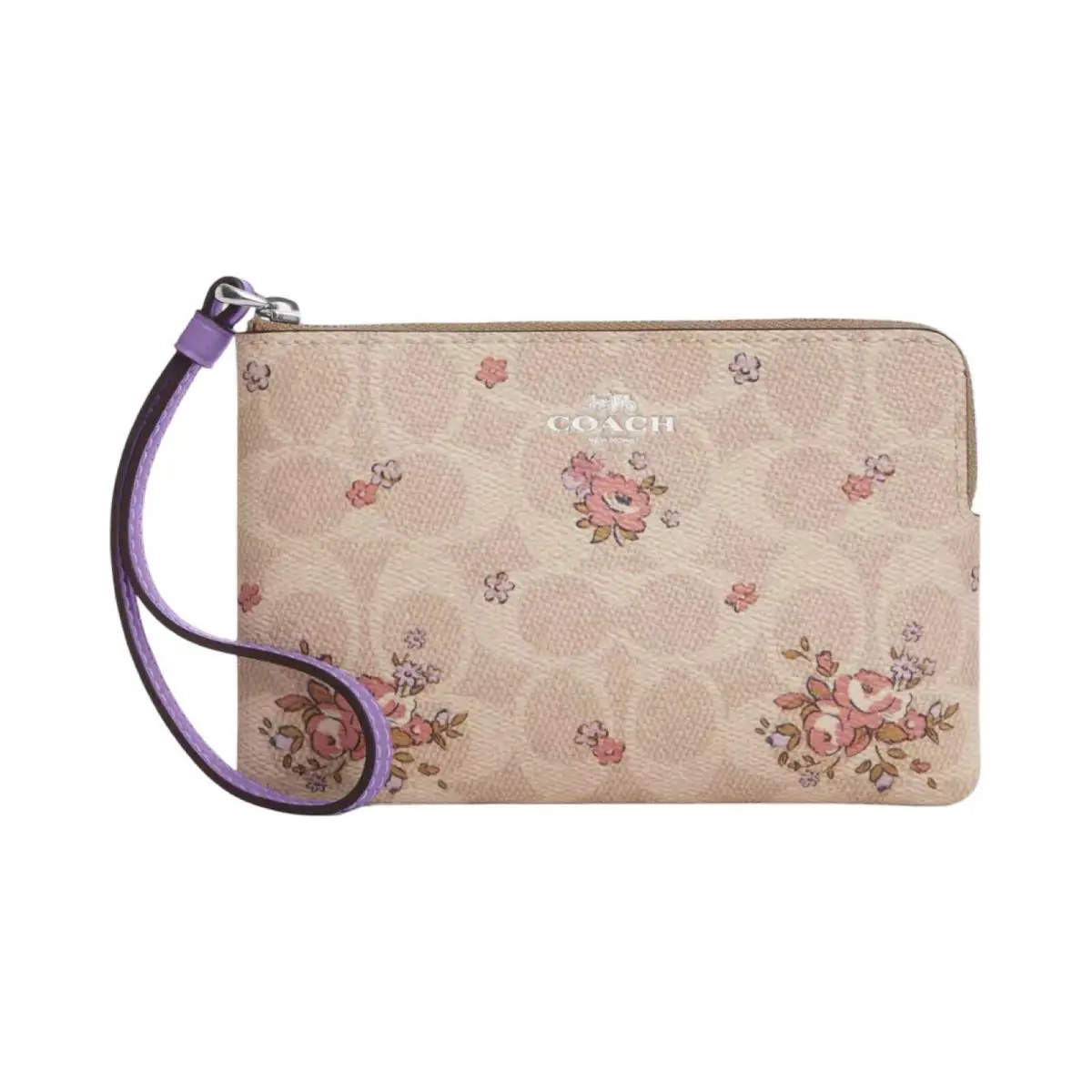 Women`s Small Corner Zip Wristlet Pouch Wallet Purse Floral Print - Sand Multi - CAQ59 by Coach