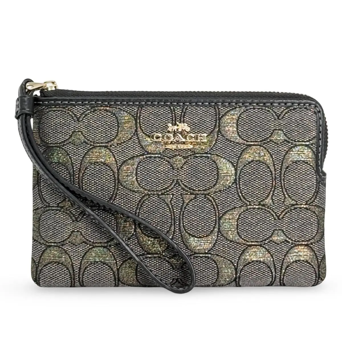 Women`s Small Corner Zip Wristlet Pouch Wallet Purse Jacquard - Charcoal/Gold - CCL22 by Coach