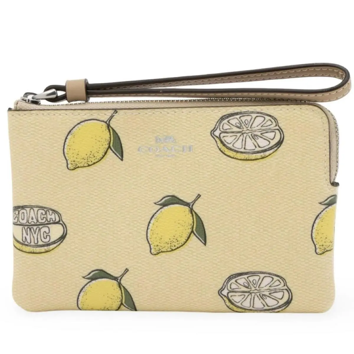 Women`s Small Corner Zip Wristlet Pouch Wallet Purse Lemon Print - Garden Glade Multi - CBB80 by Coach