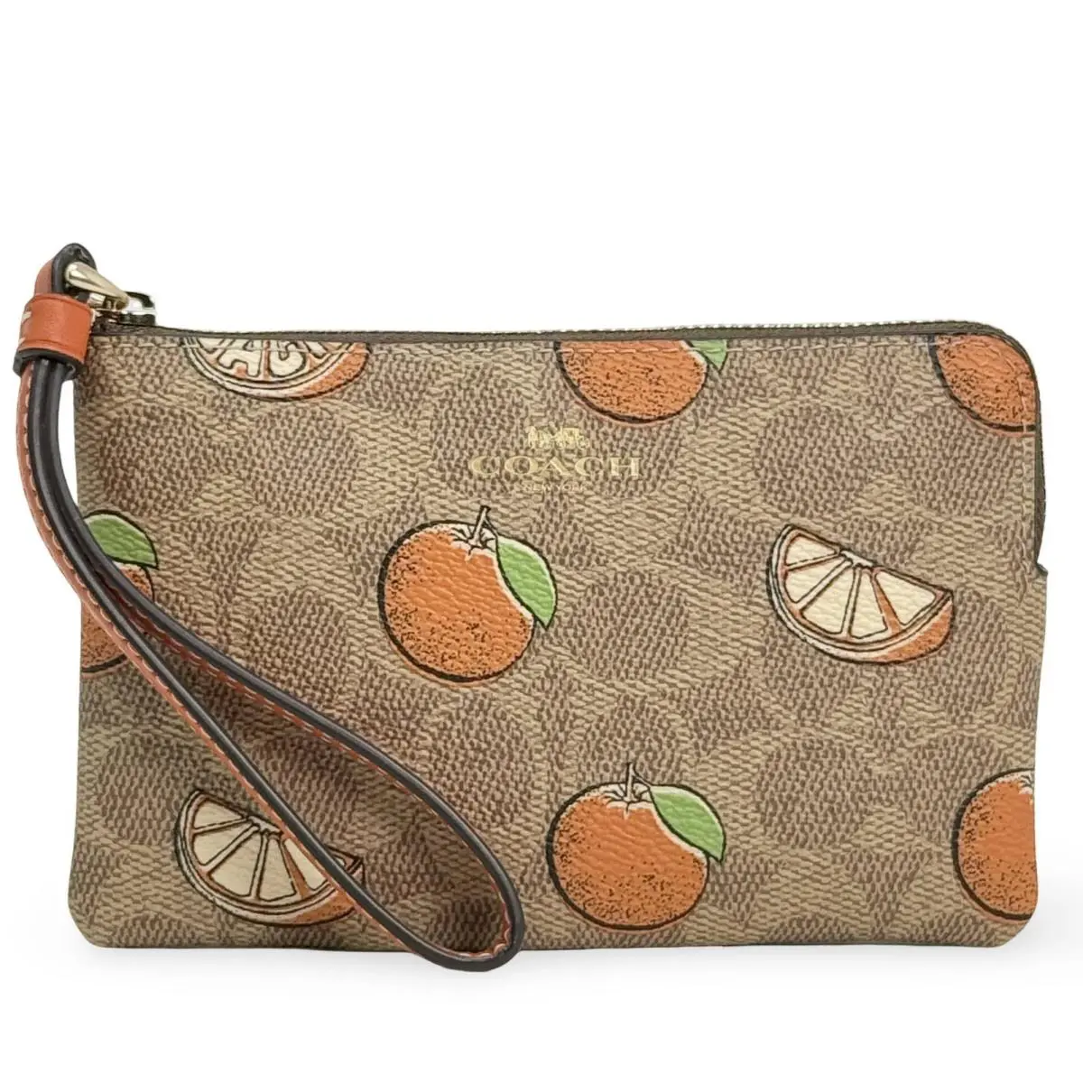 Women`s Small Corner Zip Wristlet Pouch Wallet Purse Orange Print - Tan Multi - CBB82 by Coach