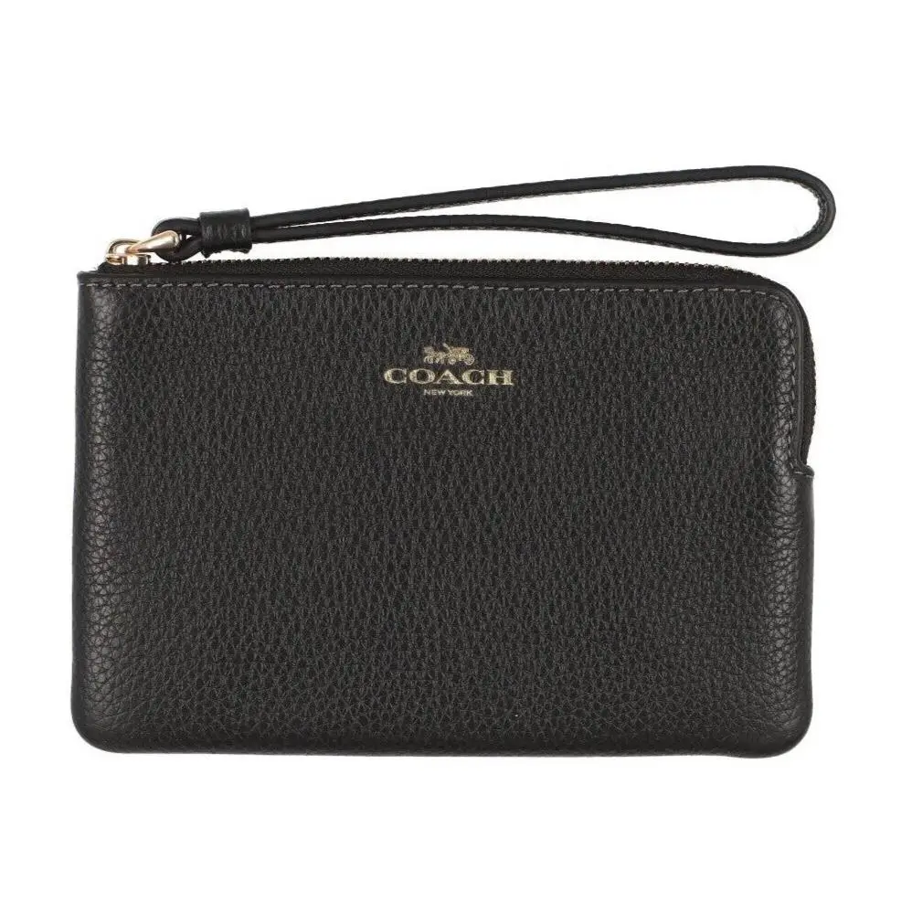 Women`s Small Corner Zip Wristlet Pouch Wallet Purse Pebble Leather - Black - CP483 by Coach