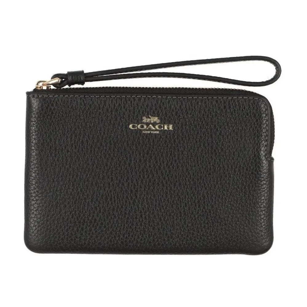 Women`s Small Corner Zip Wristlet Pouch Wallet Purse Pebble Leather - Black - CP483 by Coach