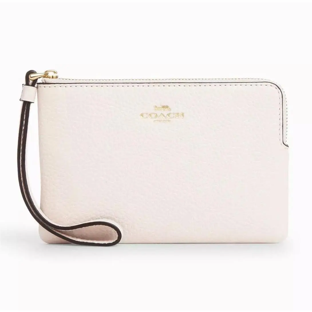 Women`s Small Corner Zip Wristlet Pouch Wallet Purse Pebble Leather - Chalk - CP483 by Coach