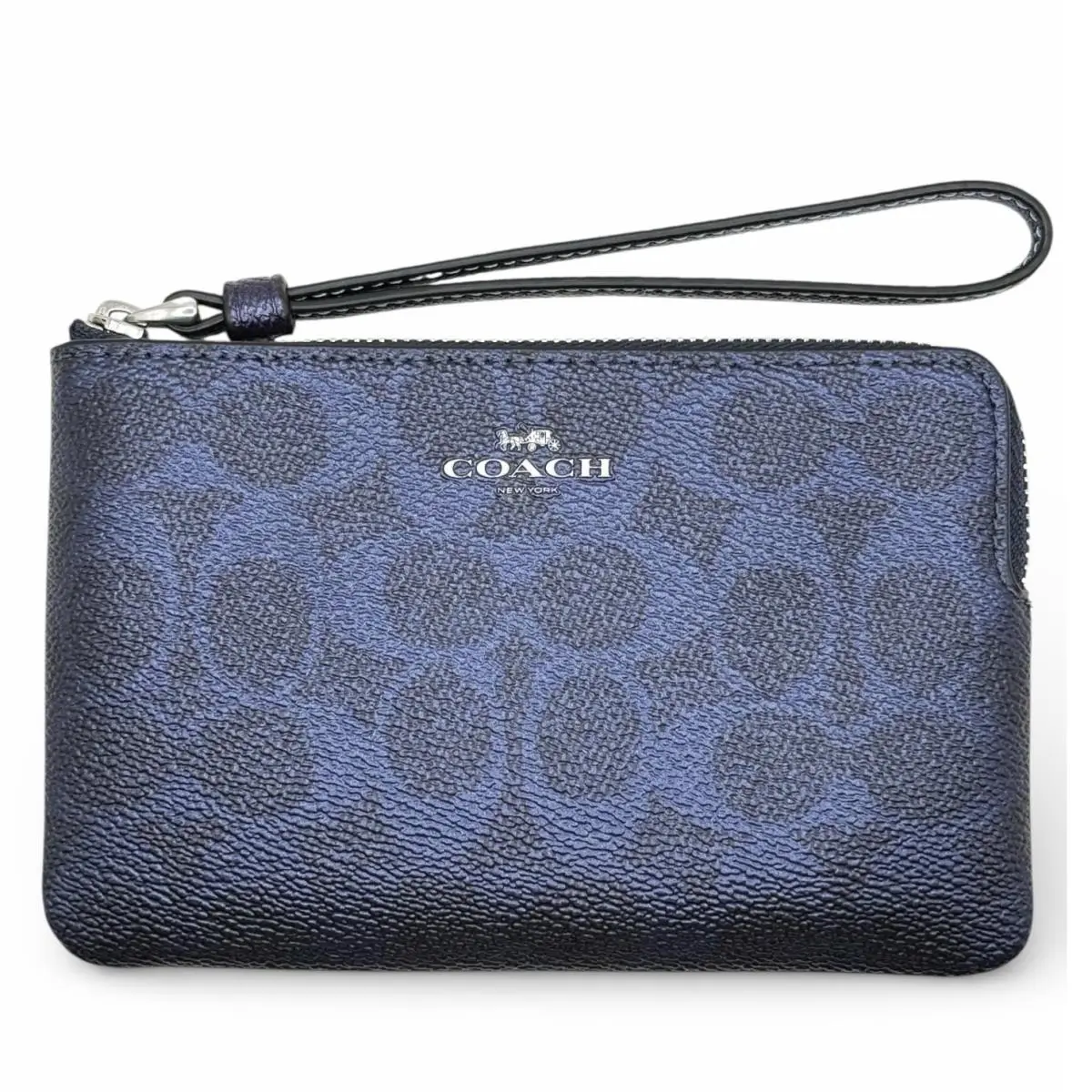 Women`s Small Corner Zip Wristlet Pouch Wallet Purse Signature Canvas - Blue/Navy - CCK71 by Coach