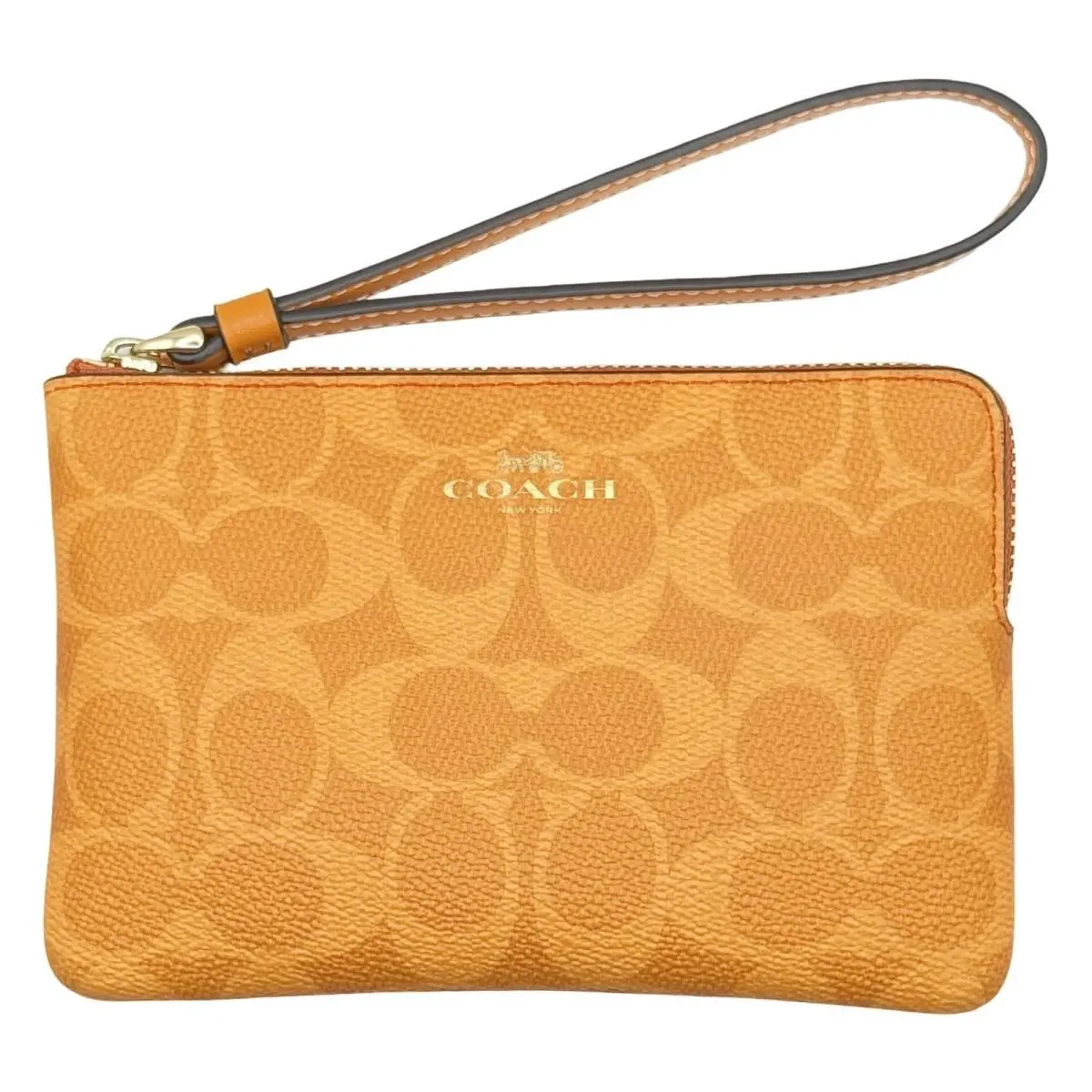 Women`s Small Corner Zip Wristlet Pouch Wallet Purse Signature Canvas - Bright Mandarin - CAQ75 by Coach