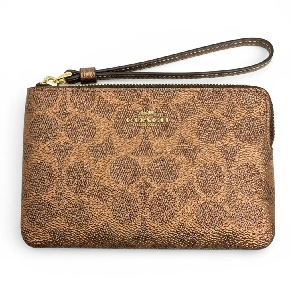 Women`s Small Corner Zip Wristlet Pouch Wallet Purse Signature Canvas - Brown/Copper - CCK71 by Coach