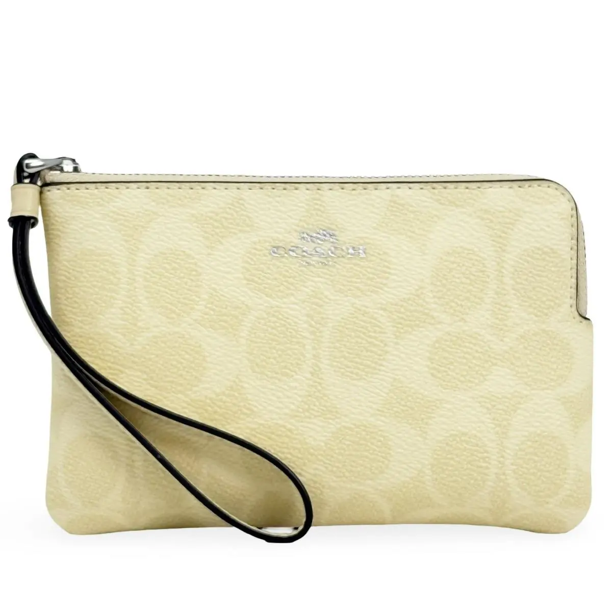 Women`s Small Corner Zip Wristlet Pouch Wallet Purse Signature Canvas - Hay - CAQ75 by Coach