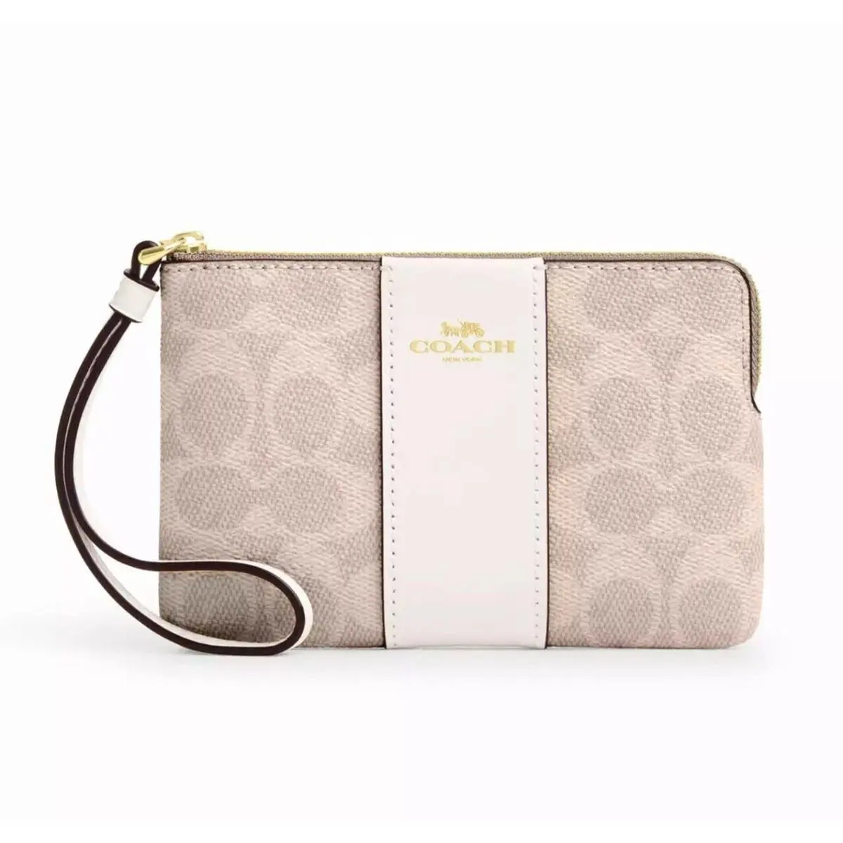 Women`s Small Corner Zip Wristlet Pouch Wallet Purse Signature Canvas - Sand / Chalk - CW854 by Coach