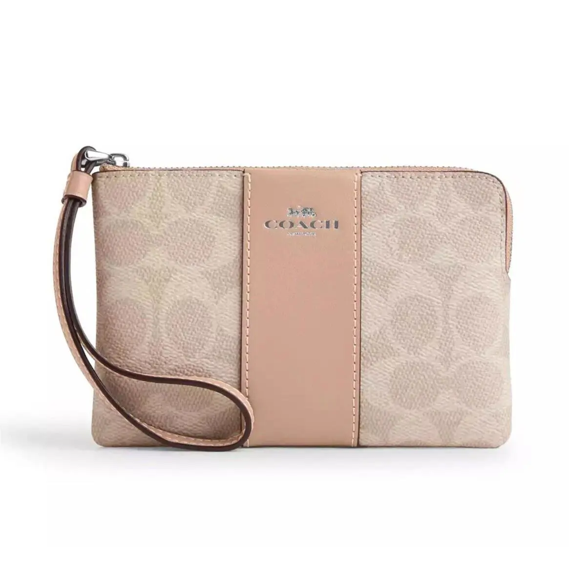 Women`s Small Corner Zip Wristlet Pouch Wallet Purse Signature Canvas - Sand / Taupe - CW854 by Coach