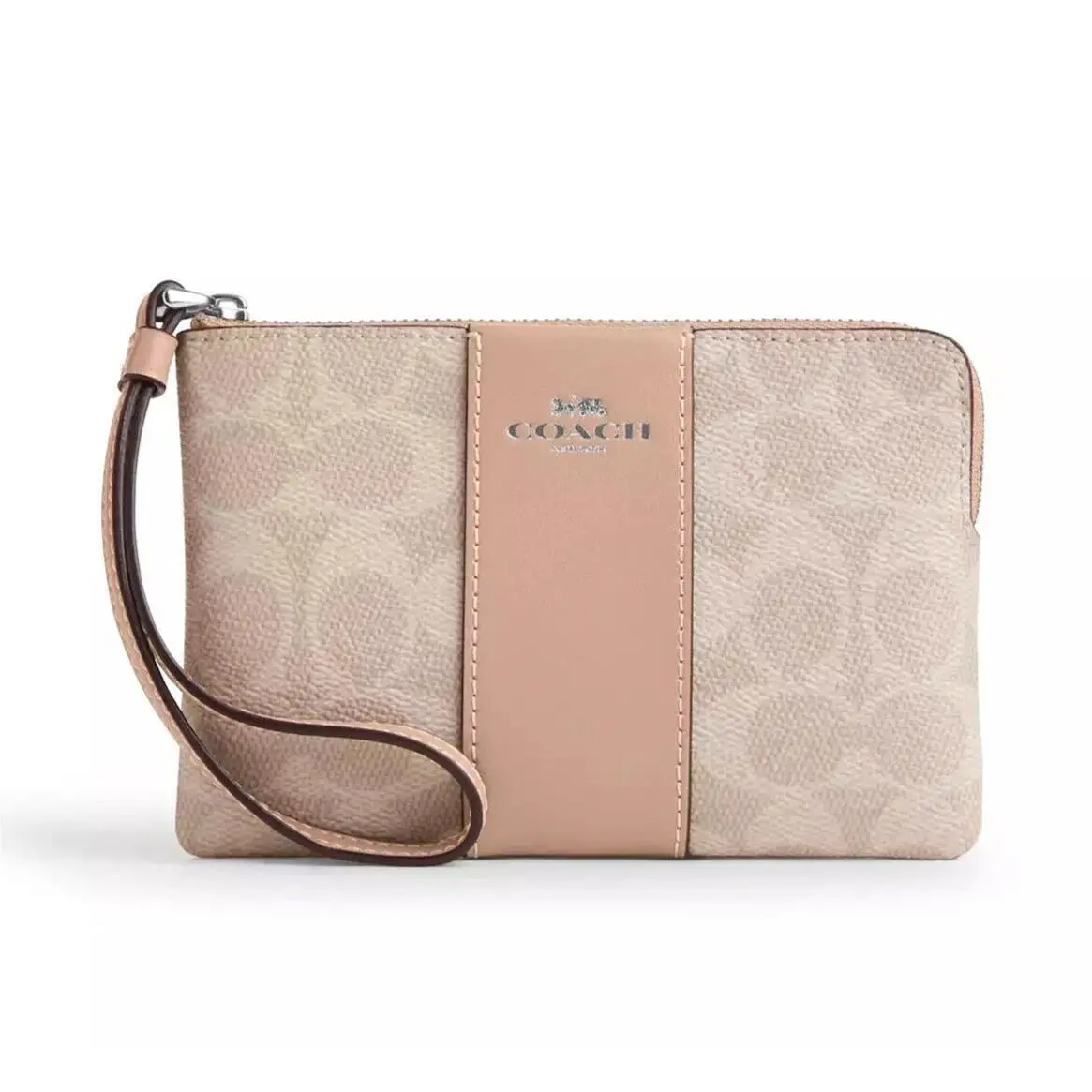 Women`s Small Corner Zip Wristlet Pouch Wallet Purse Signature Canvas - Sand / Taupe - CW854 by Coach