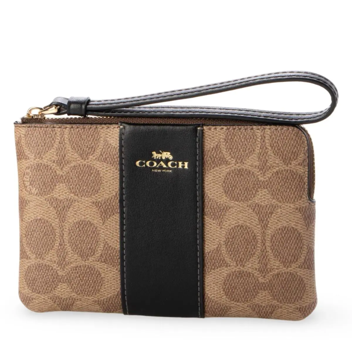Women`s Small Corner Zip Wristlet Pouch Wallet Purse Signature Canvas - Tan / Black - CW854 by Coach
