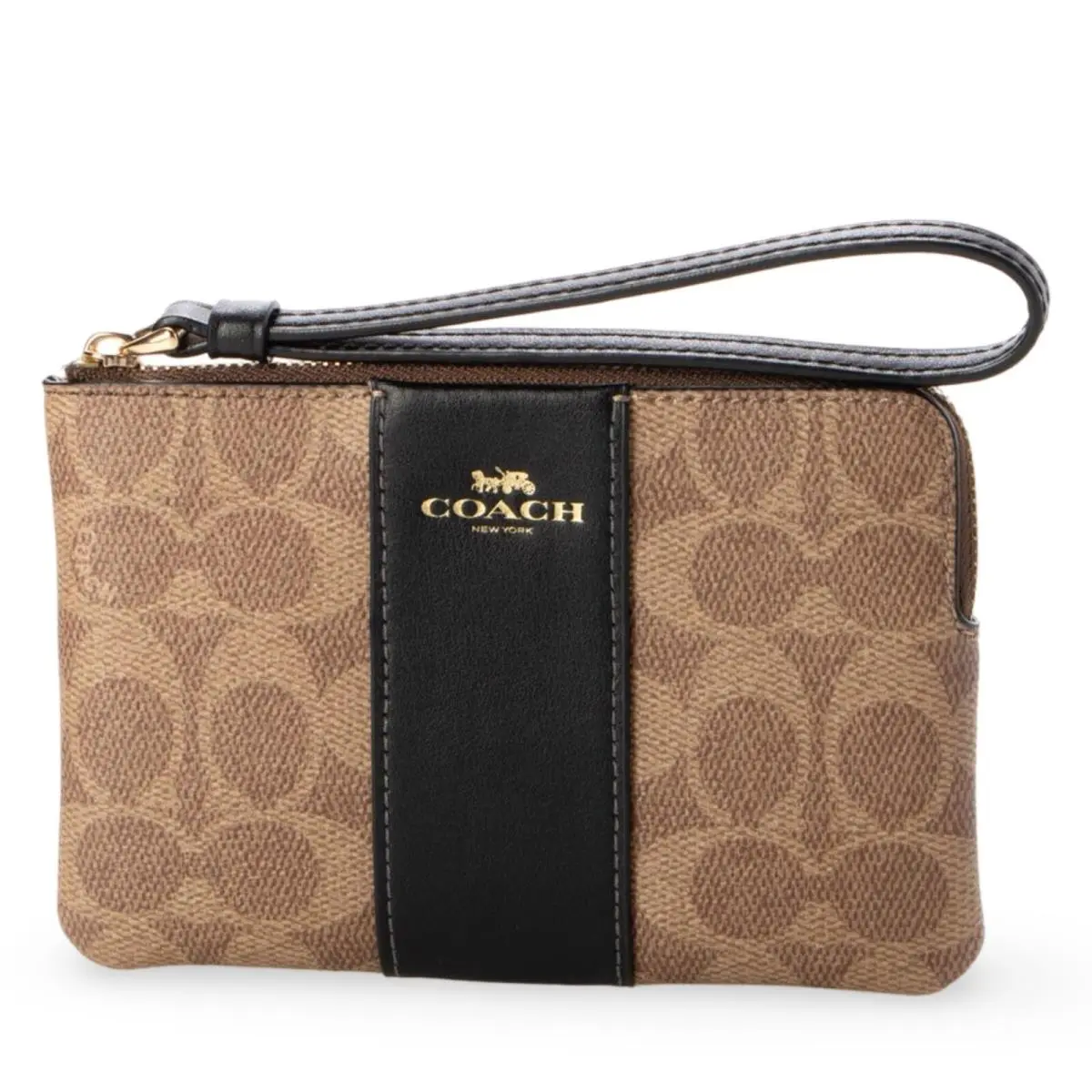 Women`s Small Corner Zip Wristlet Pouch Wallet Purse Signature Canvas - Tan / Black - CW854 by Coach