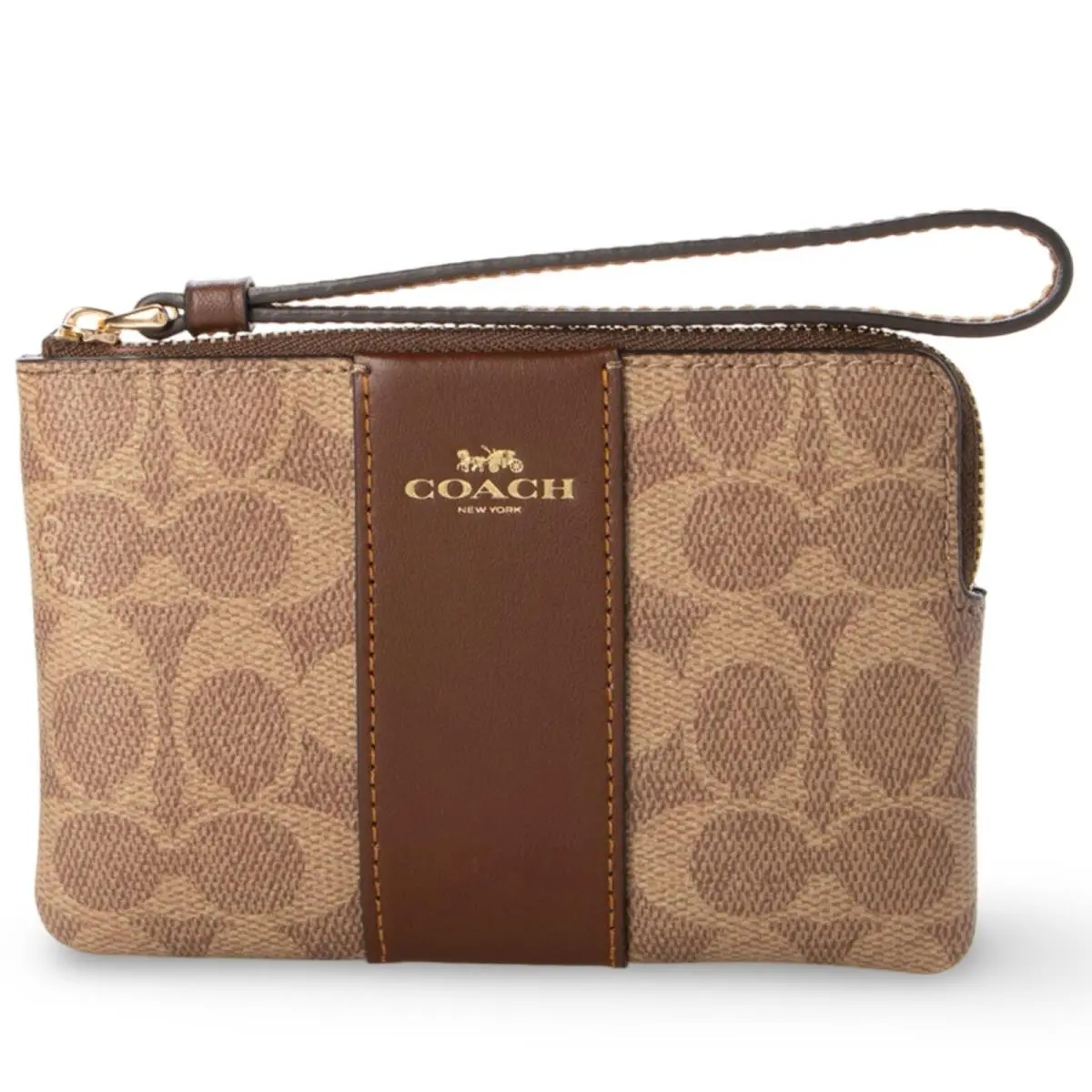 Women`s Small Corner Zip Wristlet Pouch Wallet Purse Signature Canvas - Tan / Brown - CW854 by Coach