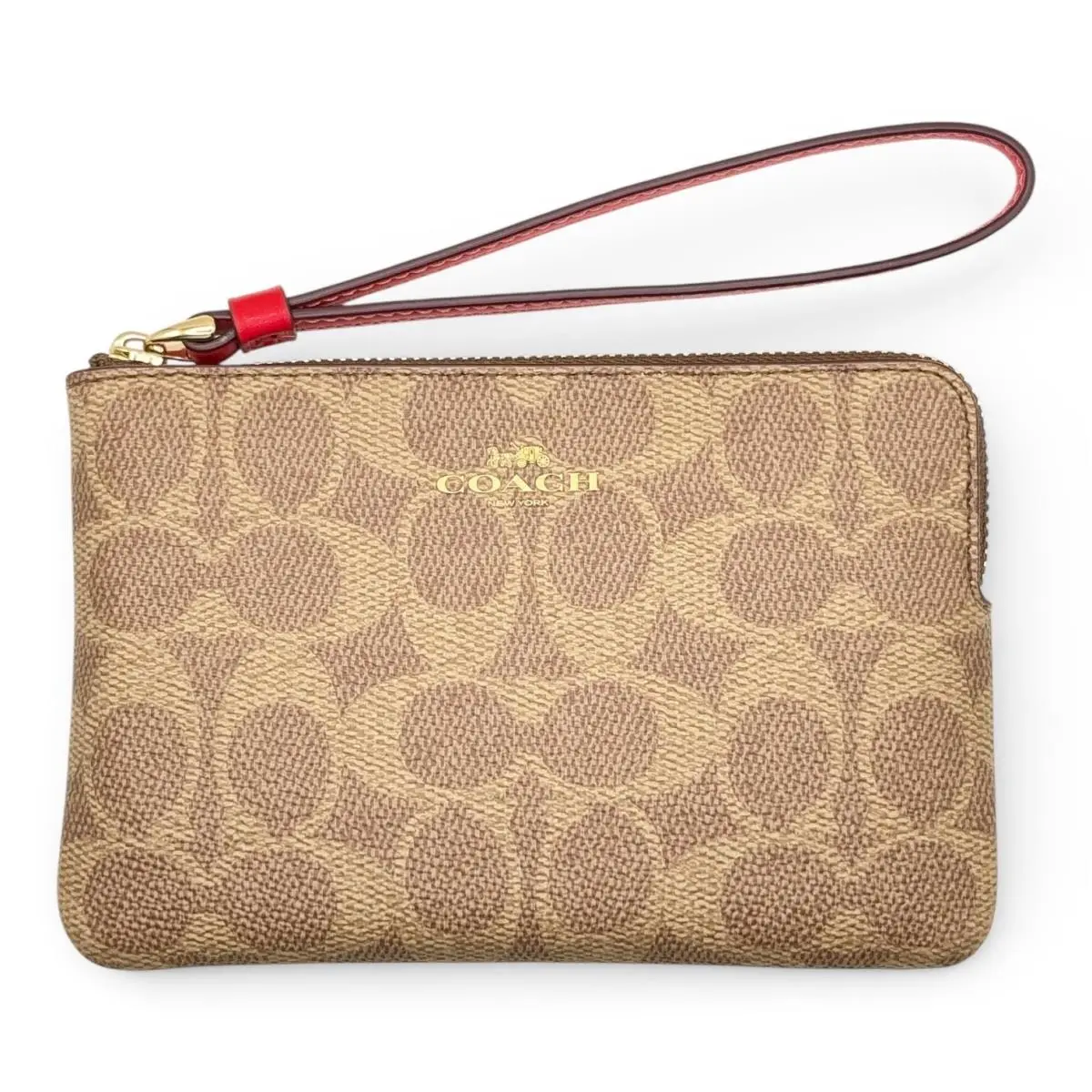 Women`s Small Corner Zip Wristlet Pouch Wallet Purse Signature Canvas - Tan/Carnation by Coach