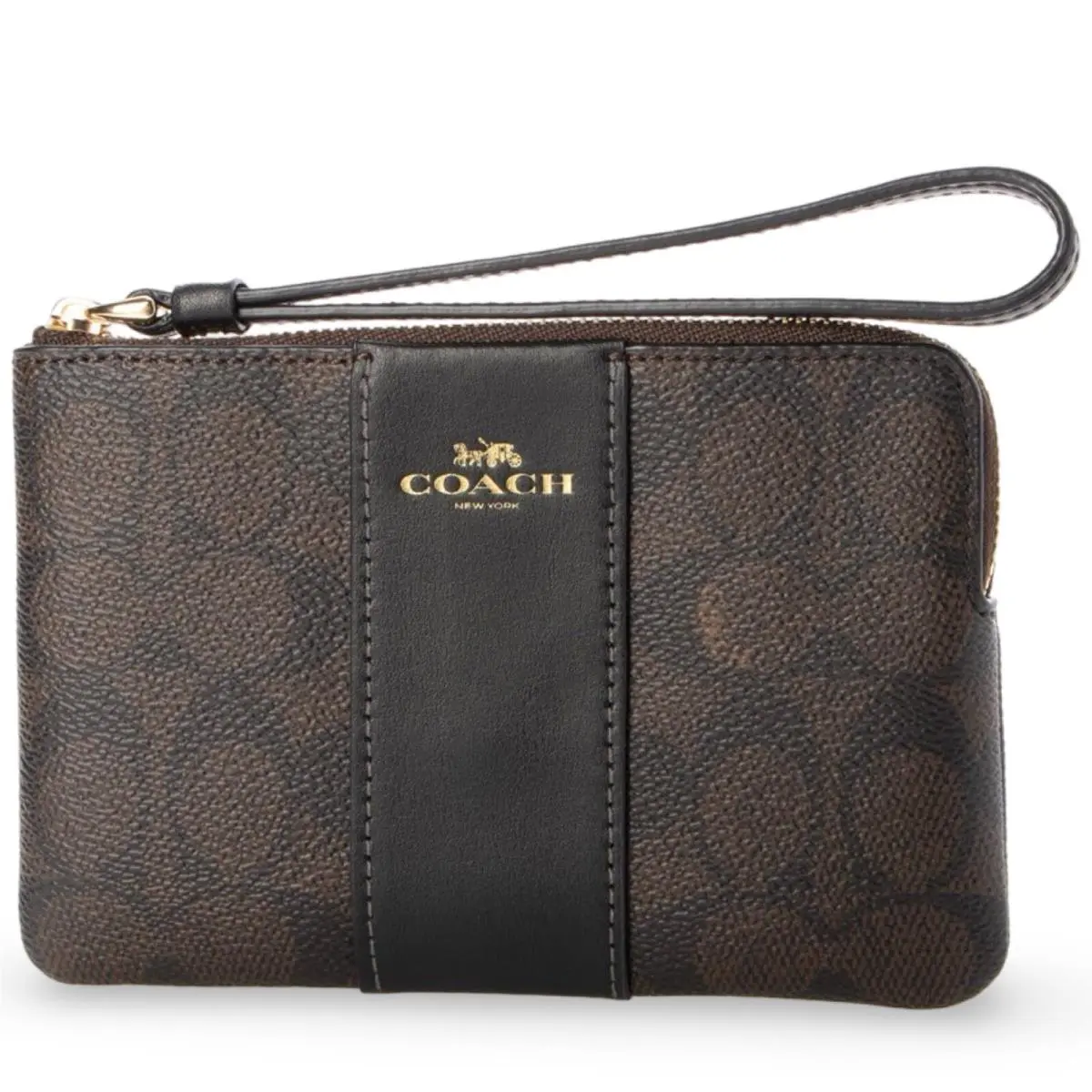 Women`s Small Corner Zip Wristlet Pouch Wallet Purse Signature Canvas - Walnut / Black - CW854 by Coach