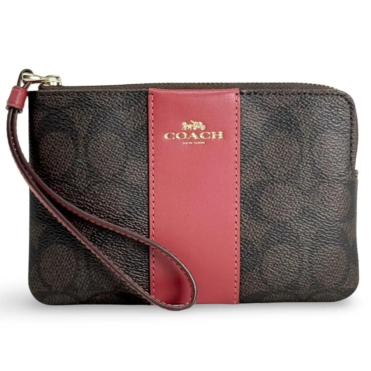 Women`s Small Corner Zip Wristlet Pouch Wallet Purse Signature Canvas - Walnut/True Red - CW854 by Coach