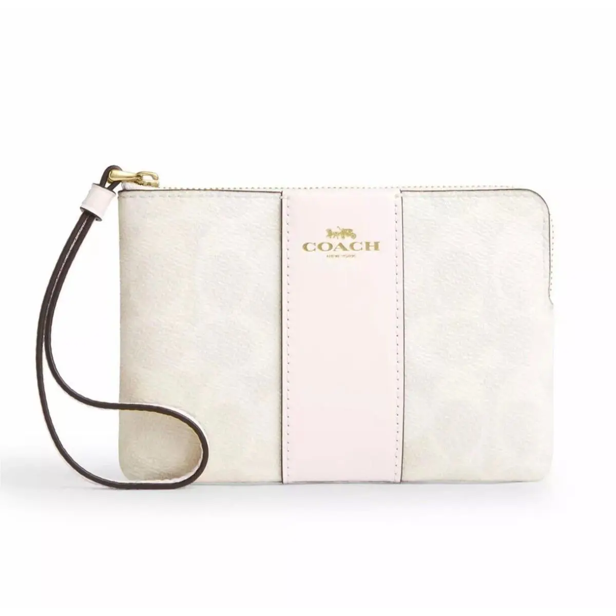 Women`s Small Corner Zip Wristlet Pouch Wallet Purse Signature Canvas - White / Chalk - CW854 by Coach