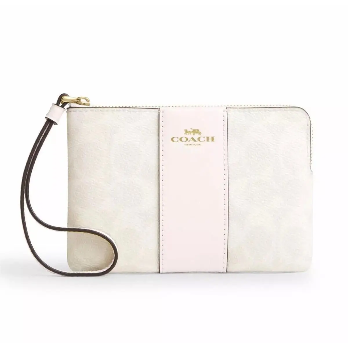Women`s Small Corner Zip Wristlet Pouch Wallet Purse Signature Canvas - White / Chalk - CW854 by Coach