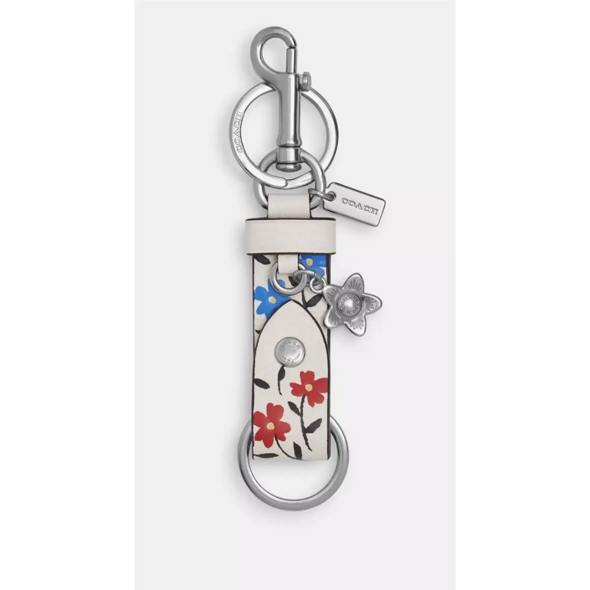 Trigger Snap Bag Charm Refined Calf Leather Key Cha FLORAL PRINT SILVE CHALK MULTI by Coach