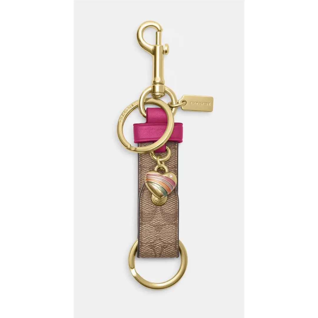 Trigger Snap Bag Charm Refined Calf Leather Key Cha Gold/Khaki Bold Pink multi Heart by Coach
