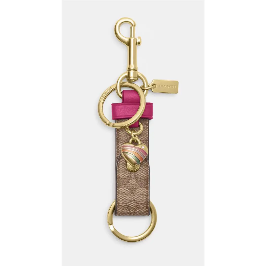 Trigger Snap Bag Charm Refined Calf Leather Key Cha Gold/Khaki Bold Pink multi Heart by Coach
