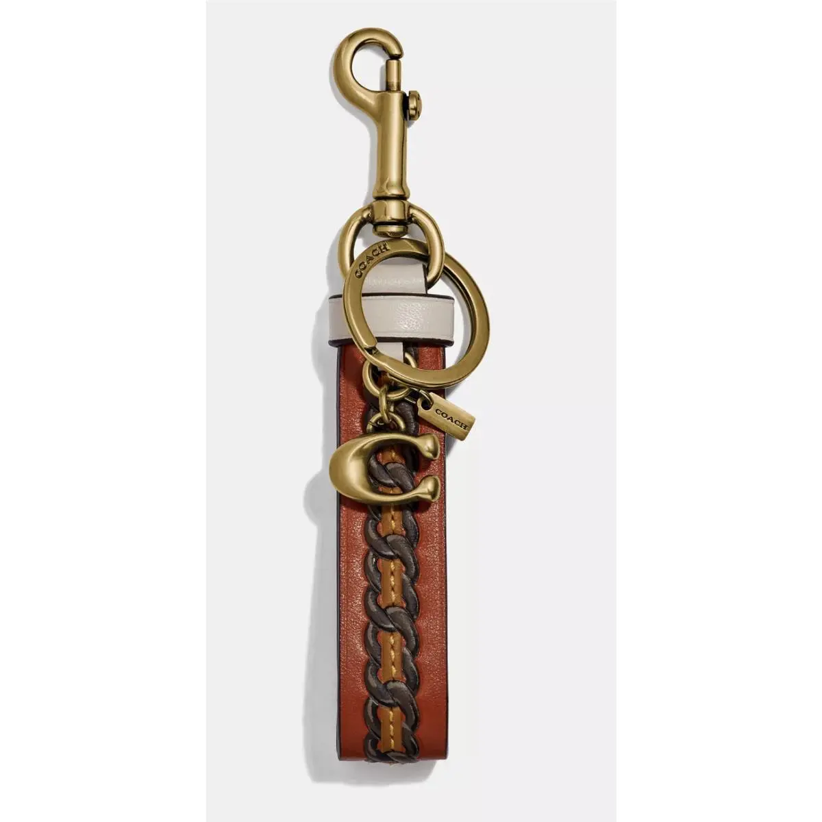 Trigger Snap Bag Charm Refined Calf Leather Key Cha Varsity Stripe Brass Orange Chalk by Coach