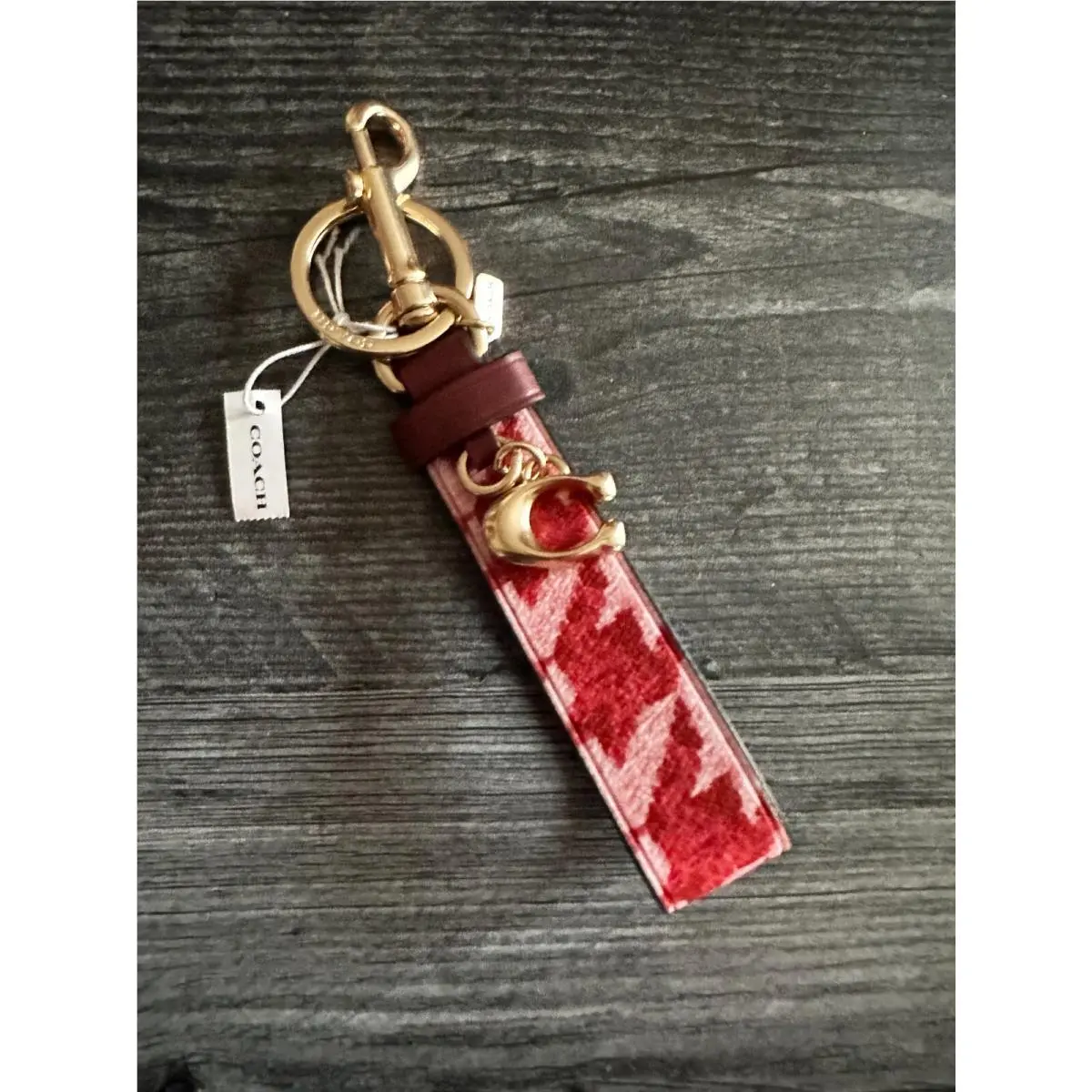 Trigger Snap Bag Charm Refined Calf Leather Key Cha CK069 WITH HOUNDSTOOTH PRINT RED MULTI by Coach