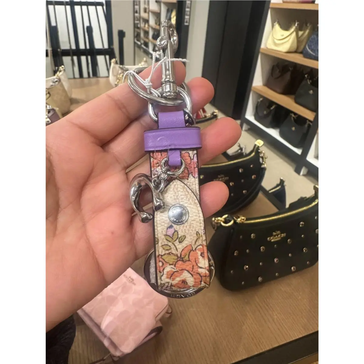 Trigger Snap Bag Charm Refined Calf Leather Key Cha Floral Print CAS96 Sand Multi by Coach