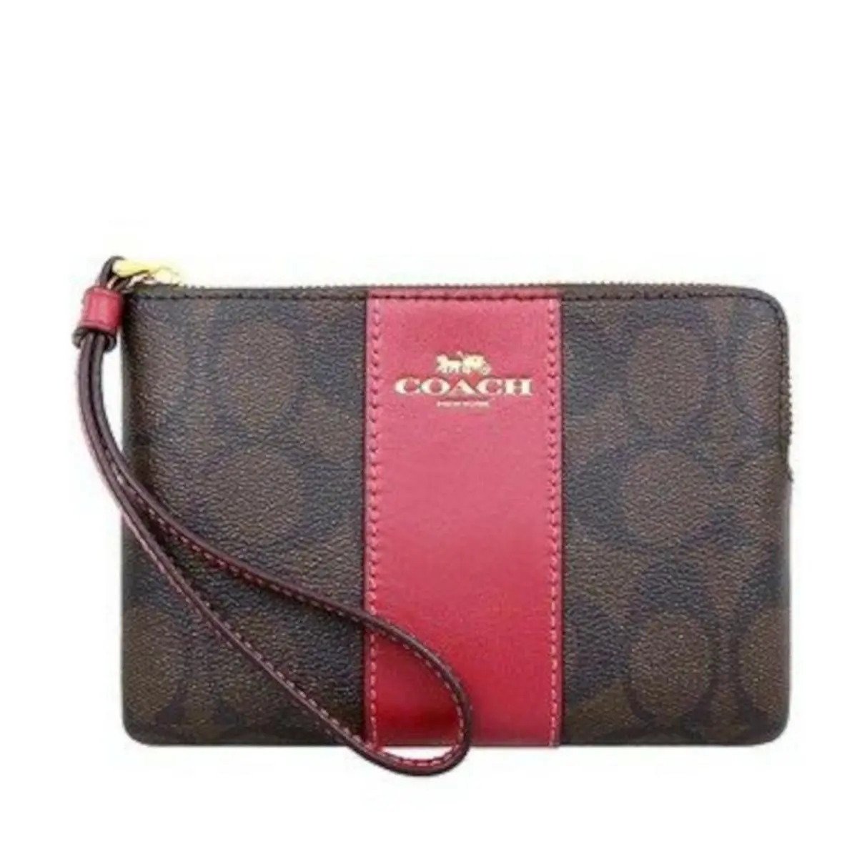 Coach Signature Pvc Leather Corner Zip Wristlet Brown Red F58035