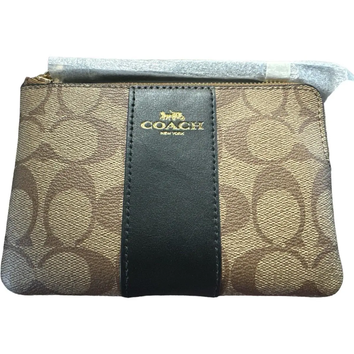 Coach Corner Zip Wristlet Signature Canvas Khaki Black