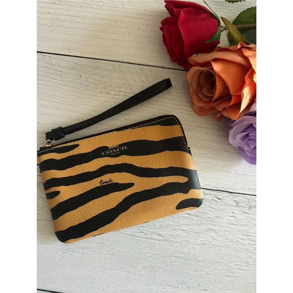 Coach Corner Zip Wristlet with Tiger Print C7440 Gold/honey/black Multi