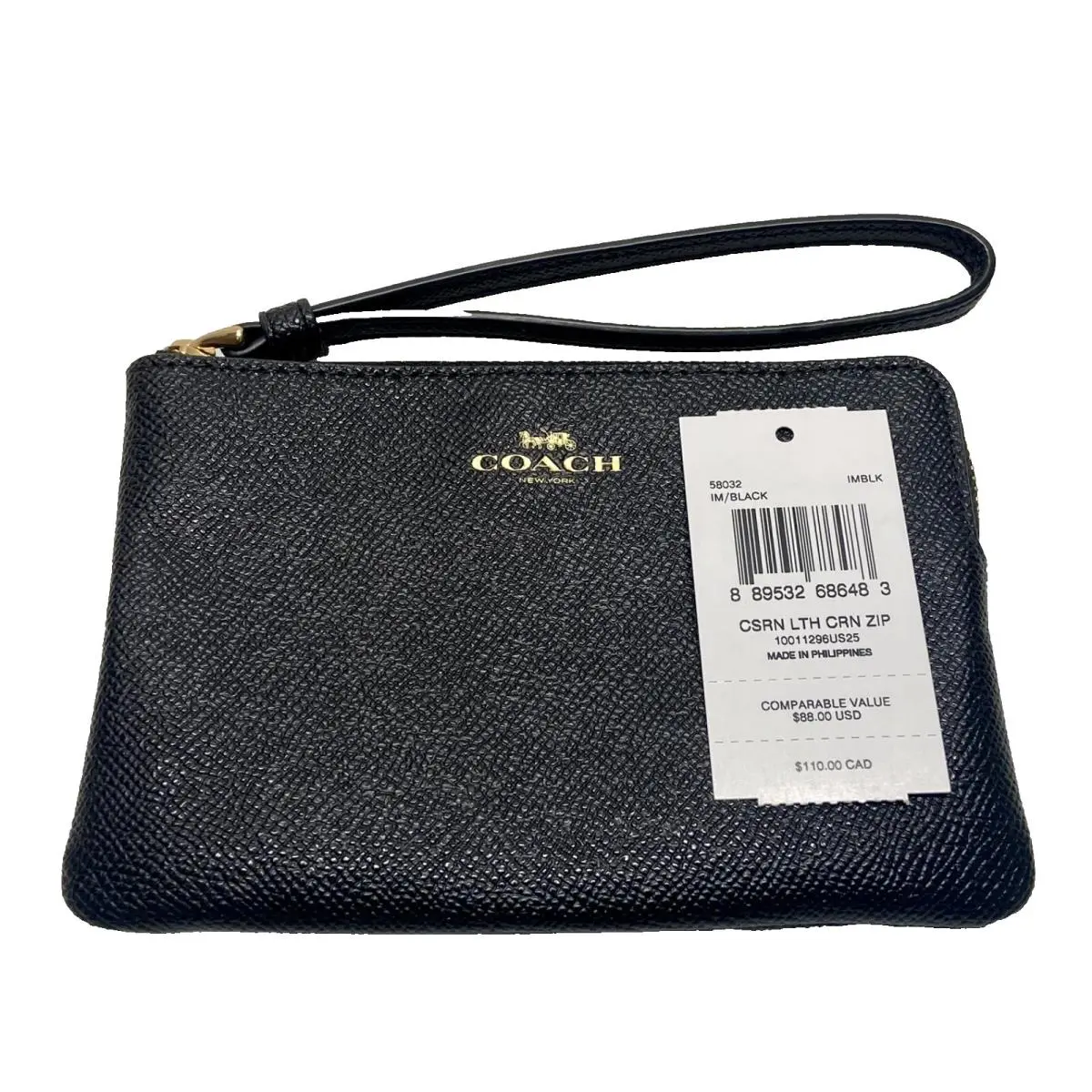 Coach F58032 Corner Zip Crossgrain Leather Wristlet Midnight Black Gift Box