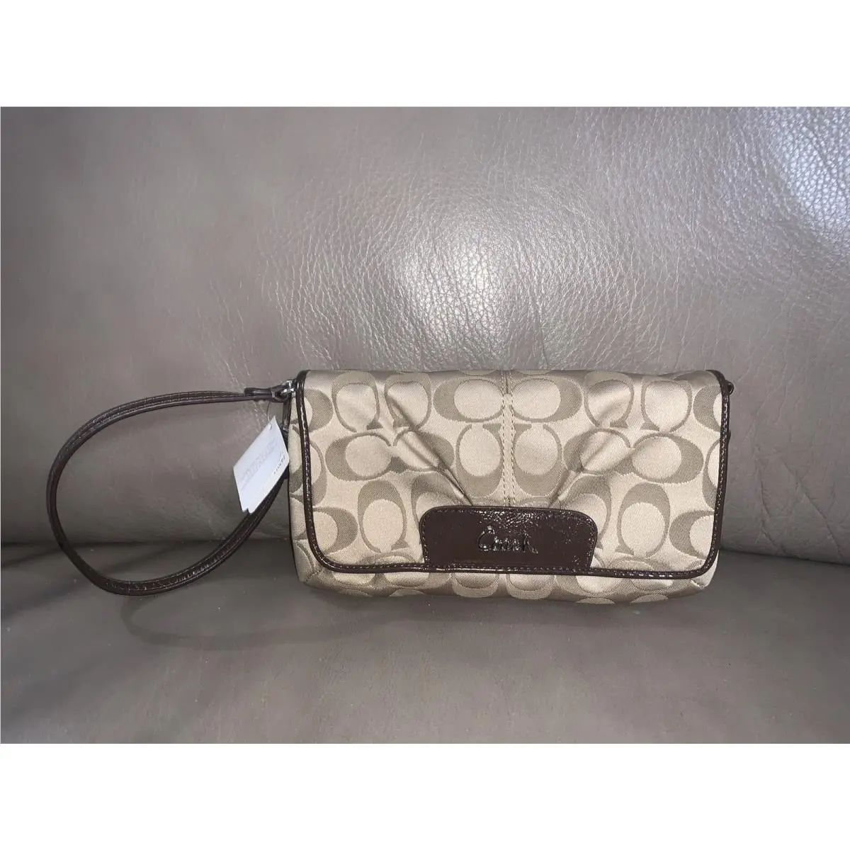 Coach Handbag Signature Sateen Large Flap Wristlet F47013 W/ Tags Khaki