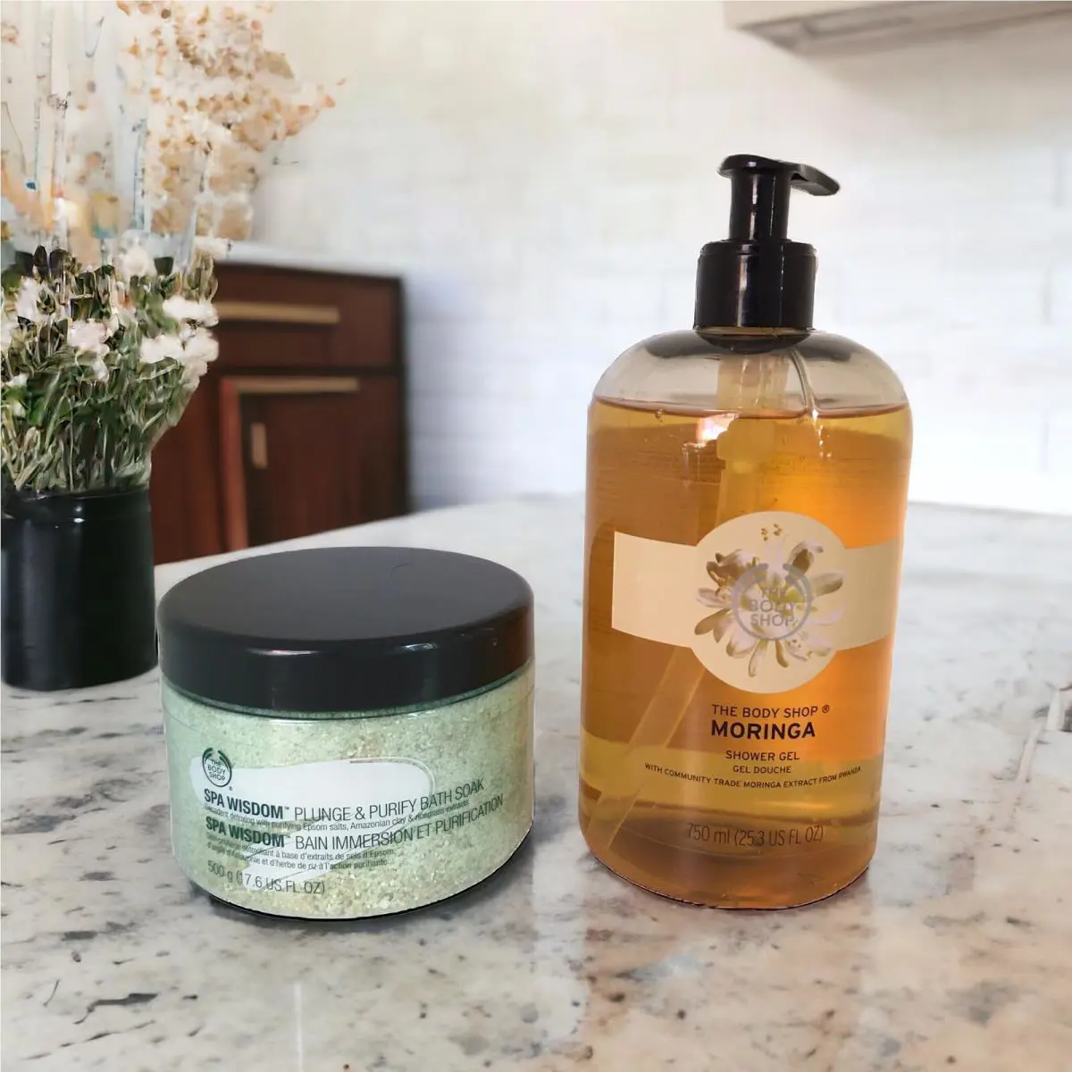 The Body Shop Moringa Jumbo Shower Gel 25.3 fl oz +spa Wisdom Bath Soak Set by THE BODY SHOP