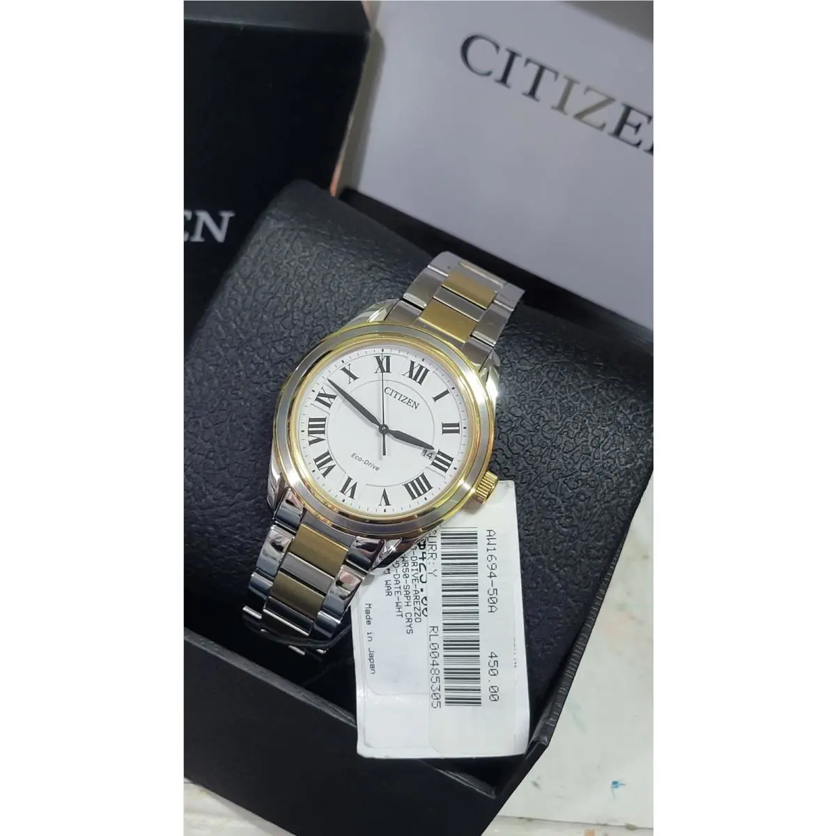 Citizen Eco-drive Roman Numeral Date Dial Two Tone Men`s AW1694-50A