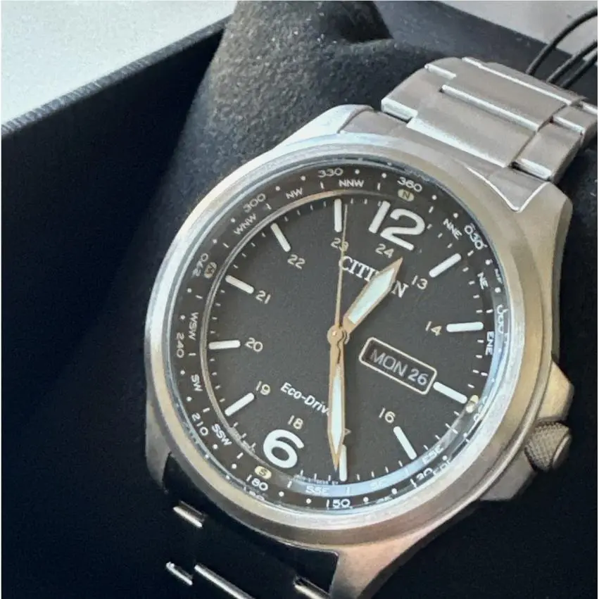 Citizen Men`s Watch Eco Drive Black Dial Day Date Silver Steel 44mm AW0110-58E